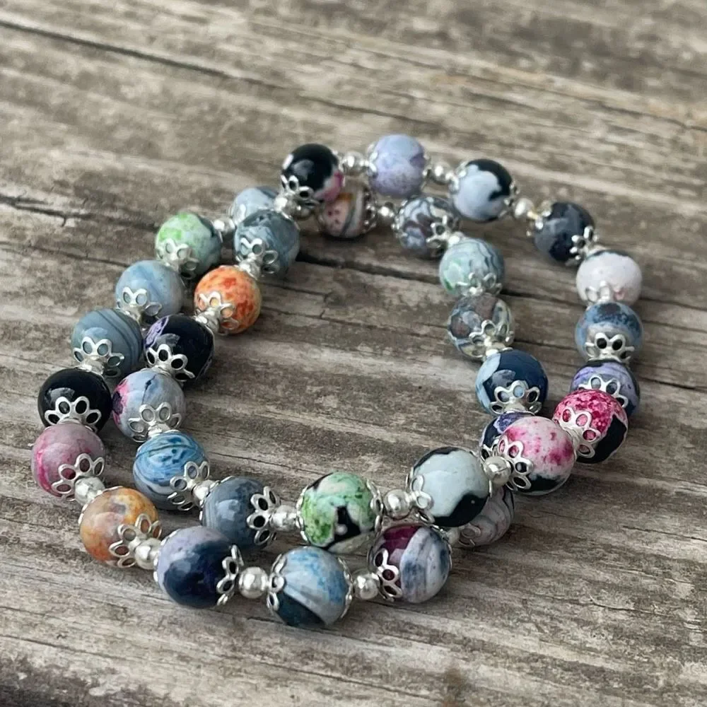 Colorful orca stretch bracelet silver tone black blue pink beads beaded NEW dyed